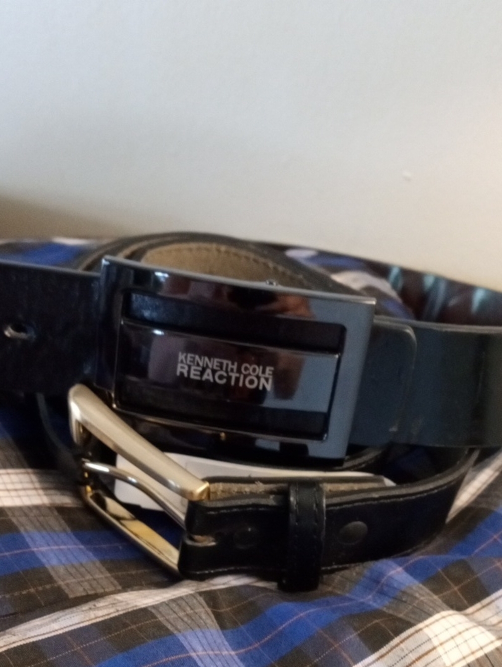 Kenneth Cole Reaction Black Leather Dress Belt with Dual Buckles Waist 36